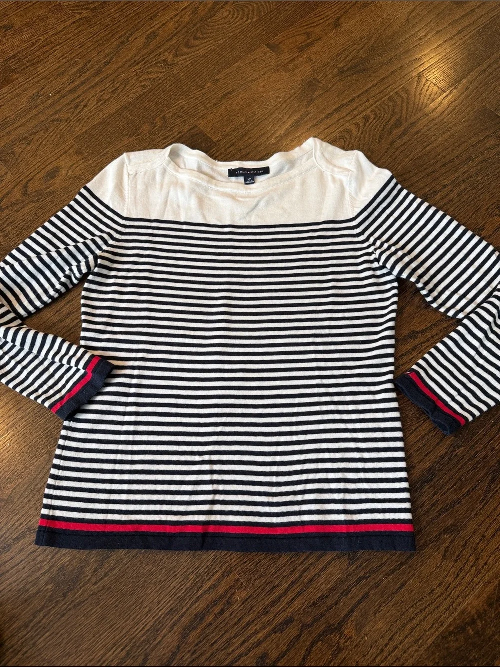 Tommy Hilfiger White & Navy Striped Knit Top with Red Trim